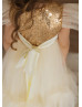 Ruffle Sleeves Gold Sequin Champagne Tulle Unique Flower Girl Dress